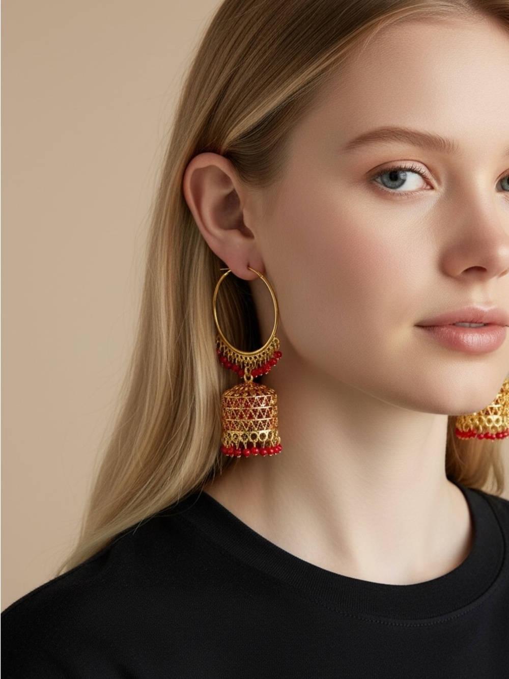 10/23 Gold and Red Filigree Hoop Drop Earrings
